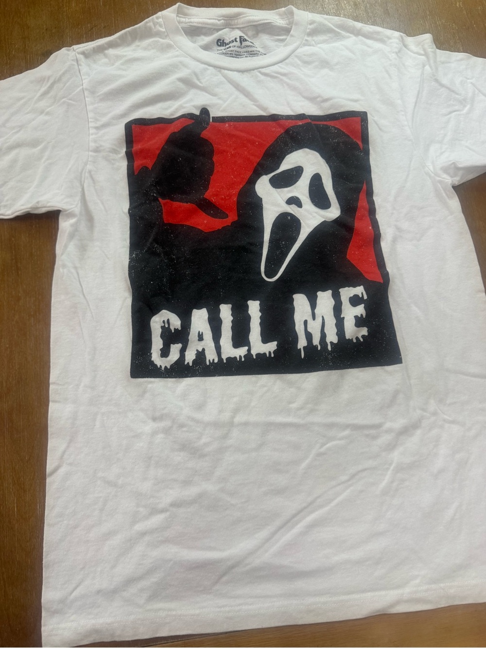 Bioworld Scream White Unisex Tee with Red and Black Ghost Face "CALL ME" Graphic
